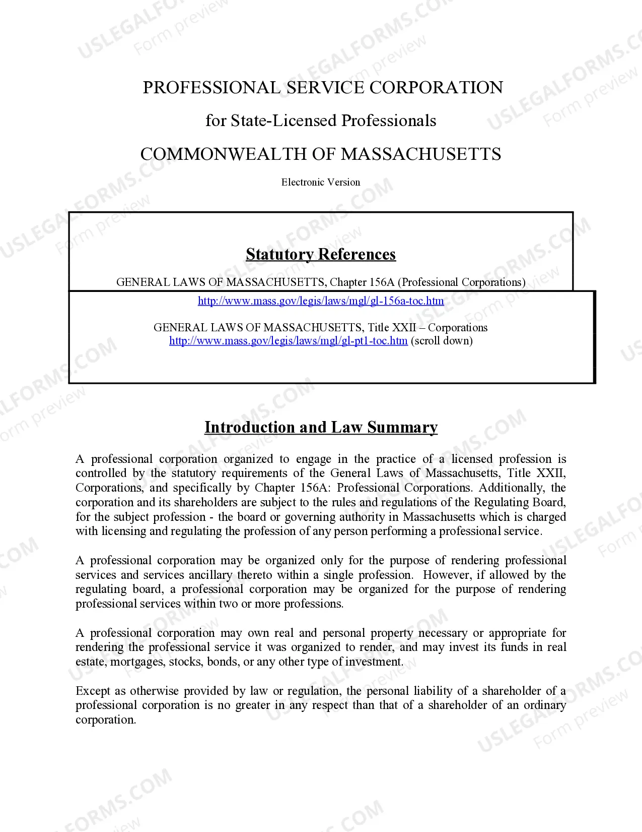 Preview Massachusetts Professional Corporation Package for Massachusetts