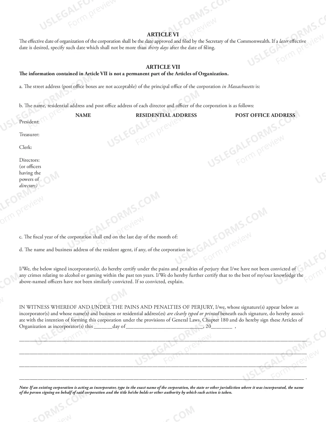 Preview Articles of Organization for Domestic Nonprofit Corporation