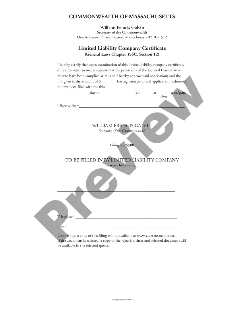 Get Massachusetts Certificate of Formation for Domestic Limited Liability Company LLC Preview Massachusetts Certificate of Formation for Domestic Limited Liability Company LLC