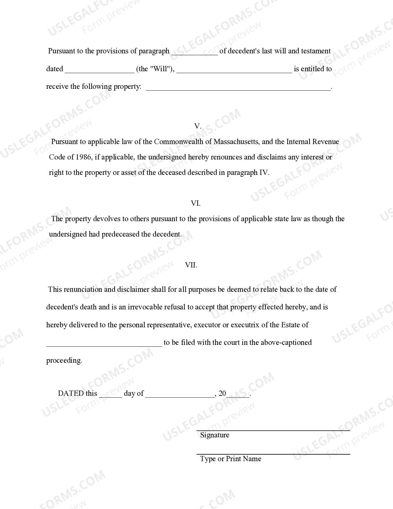 Preview Renunciation and Disclaimer of Property From Will by Testate