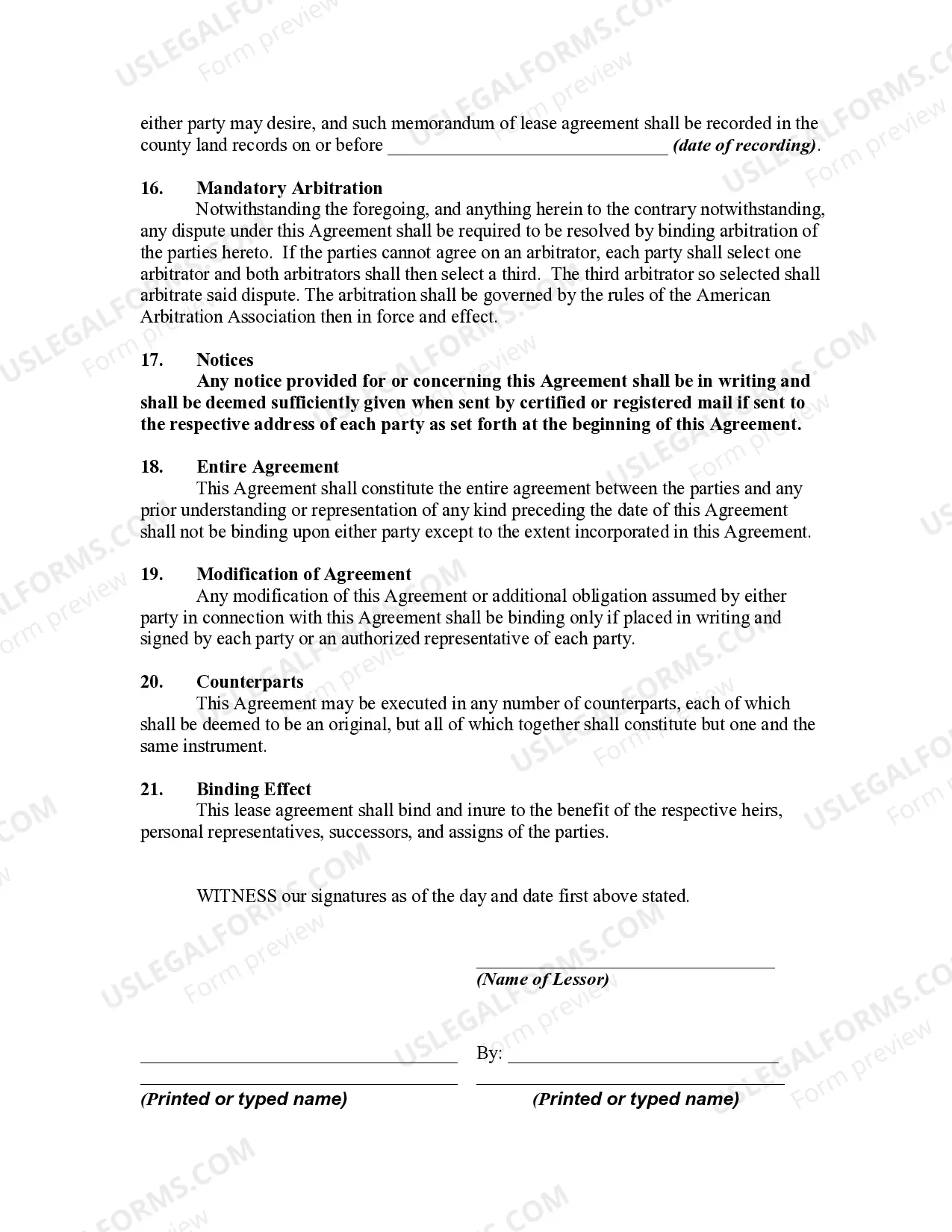 Preview Office Lease Agreement and Memorandum of Lease to be Recorded in Land Records