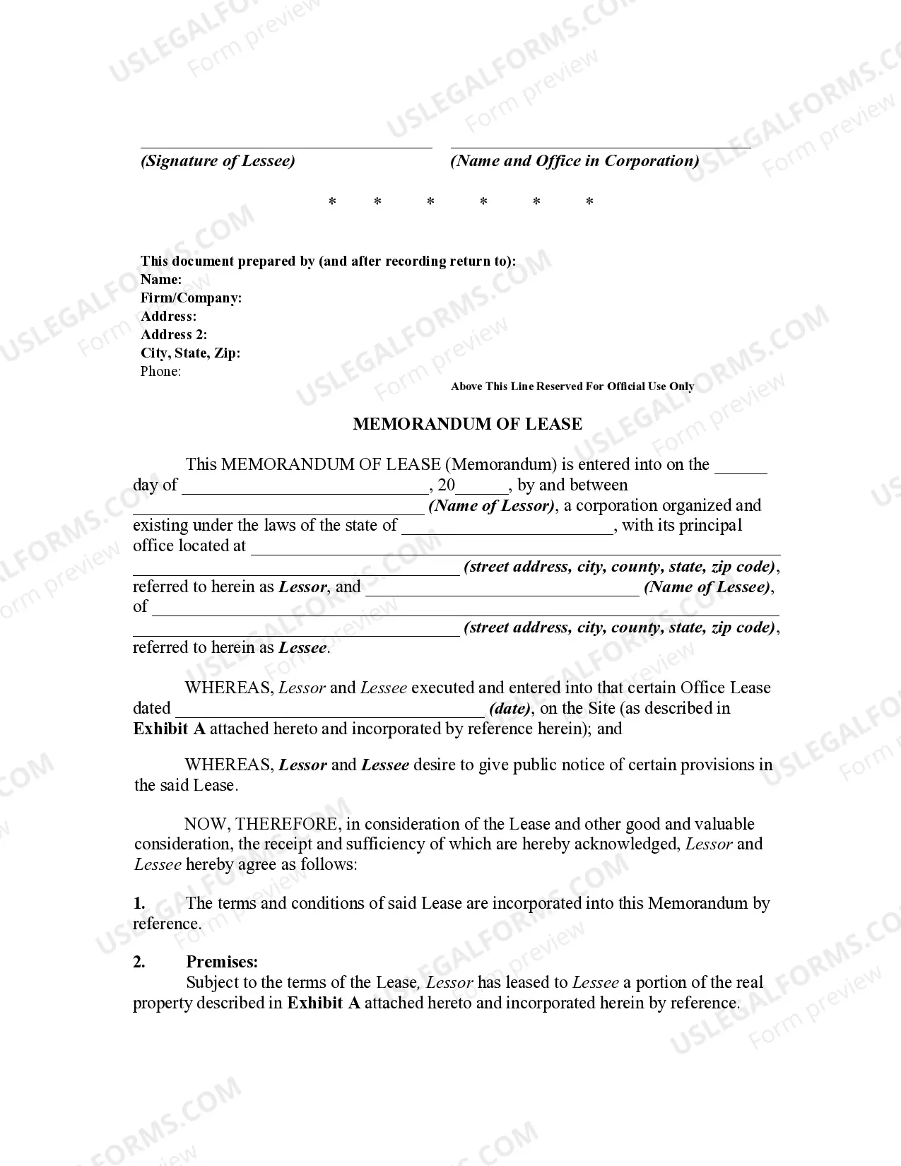 Preview Office Lease Agreement and Memorandum of Lease to be Recorded in Land Records