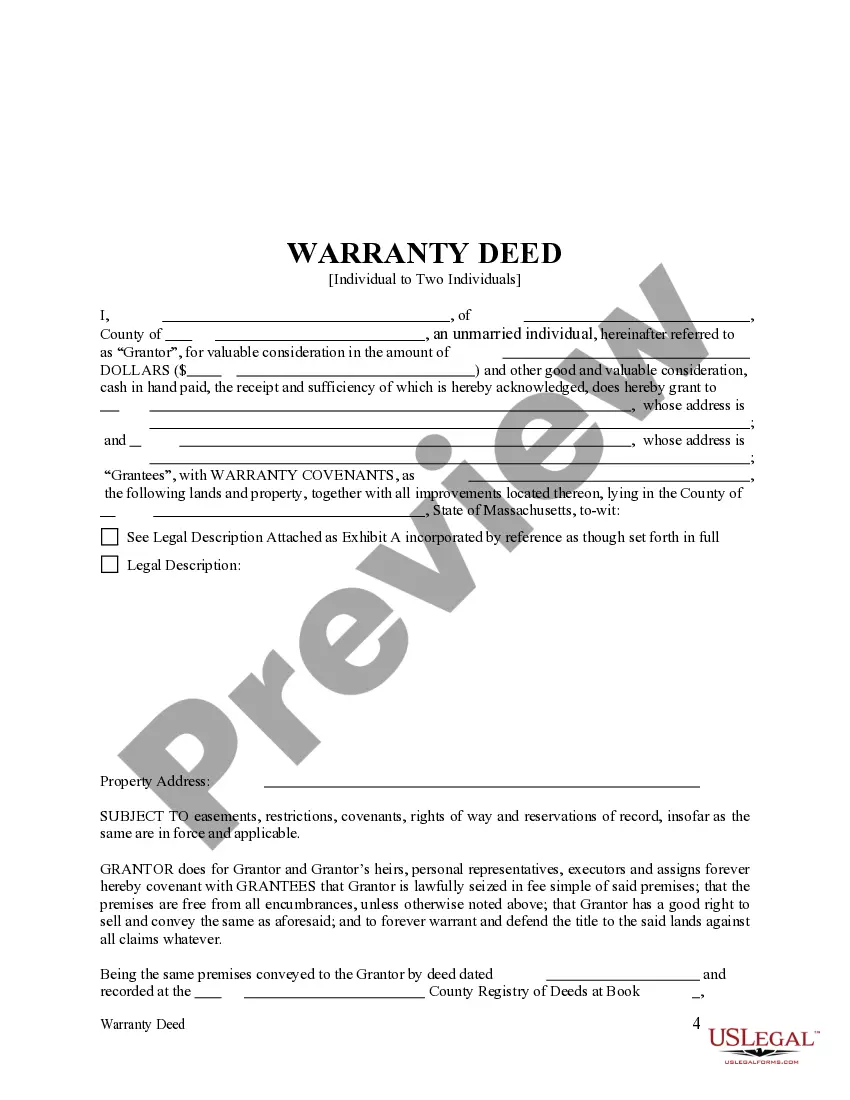 Get Warranty Deed from One Individual to Two Individuals Preview Warranty Deed from One Individual to Two Individuals