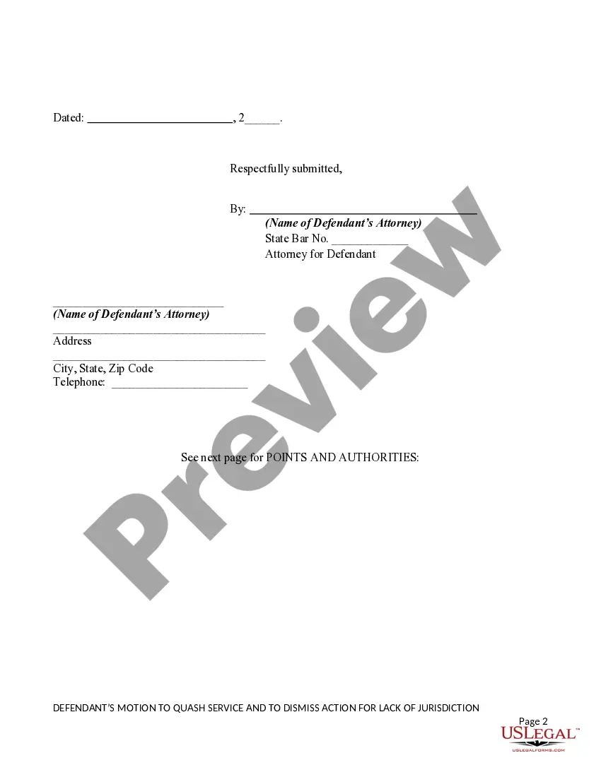 Preview Defendant's Motion to Quash Service and to Dismiss Action for Lack of Jurisdiction