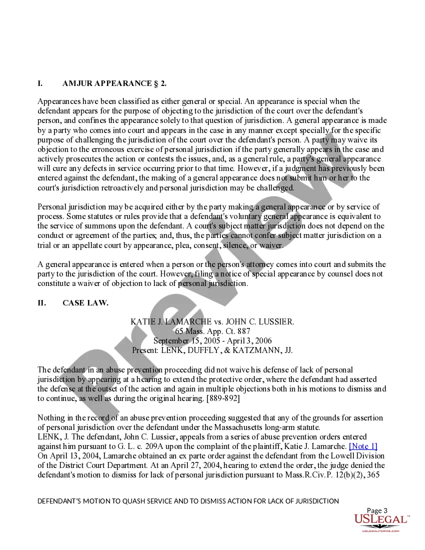 Preview Defendant's Motion to Quash Service and to Dismiss Action for Lack of Jurisdiction