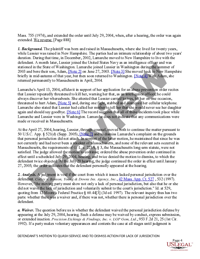 Preview Defendant's Motion to Quash Service and to Dismiss Action for Lack of Jurisdiction