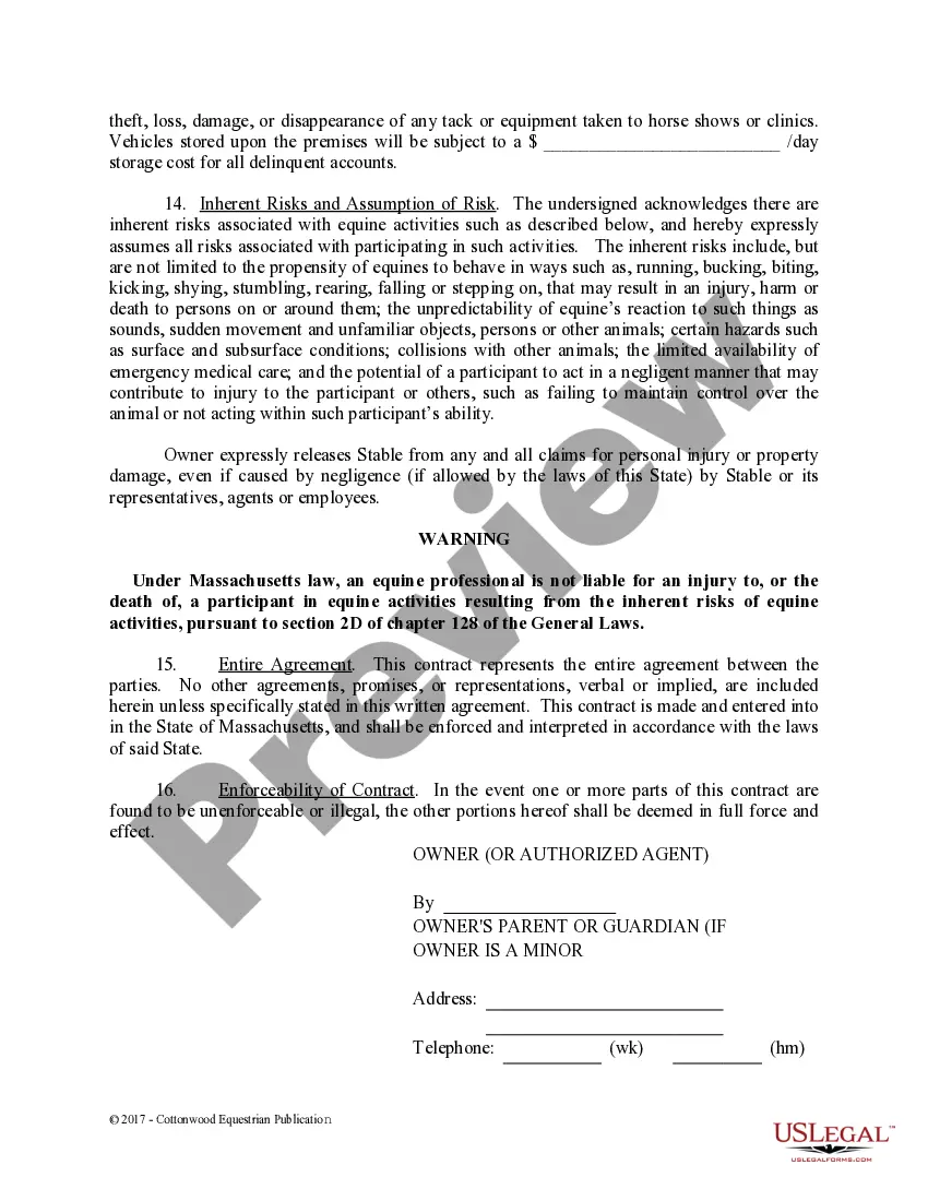 Preview Boarding Stable Agreement - Horse Equine Forms