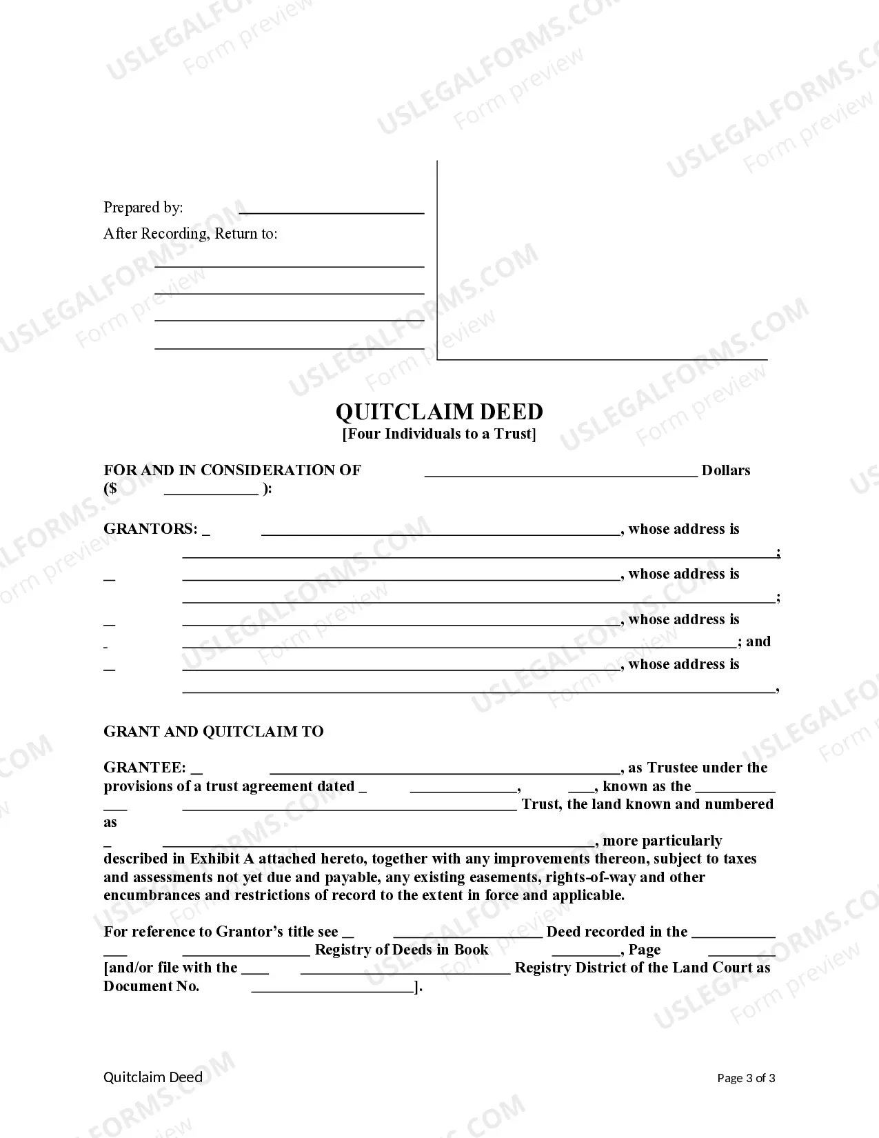 Preview Quitclaim Deed - Four Individuals to a Trust
