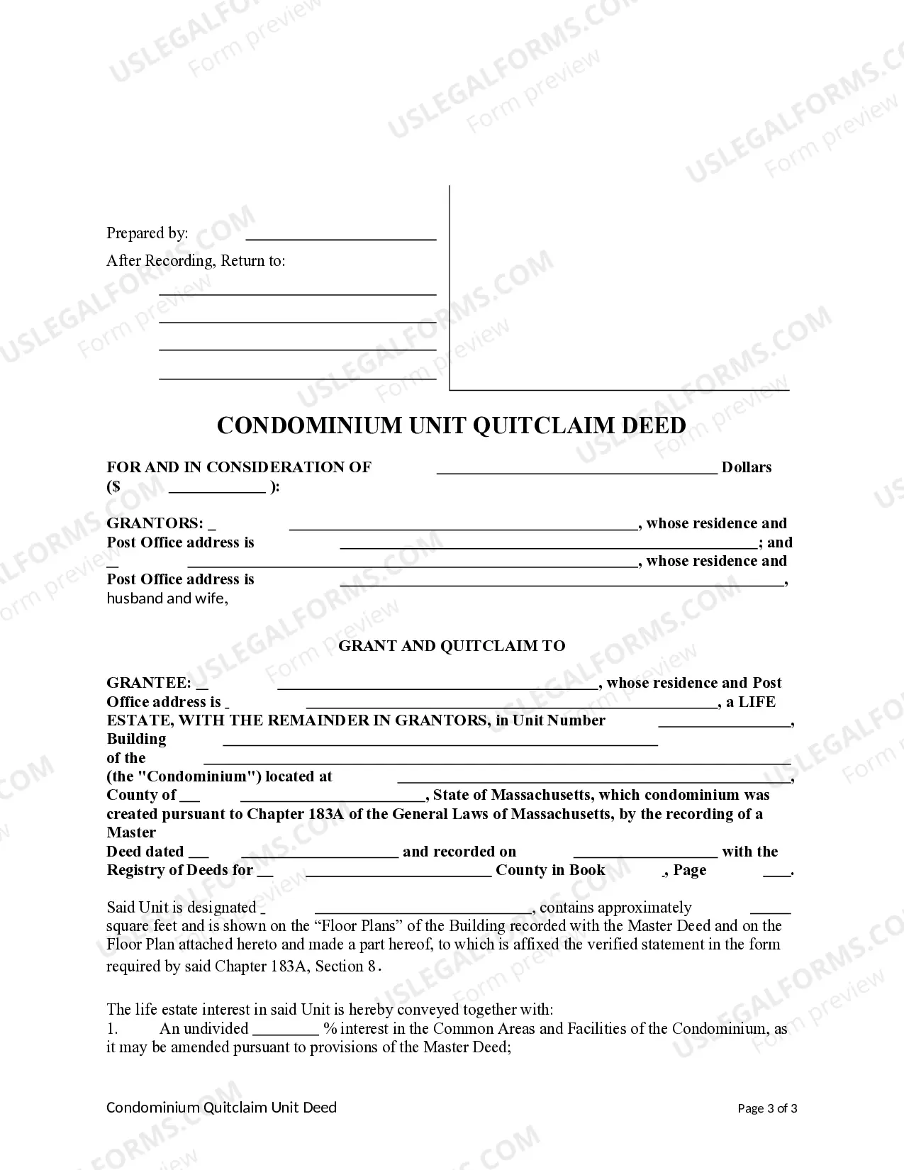 Preview Condominium Unit Quitclaim Deed - Life Estate from Husband and Wife, or Two Grantors, to an Individual with Remainder to Grantors.