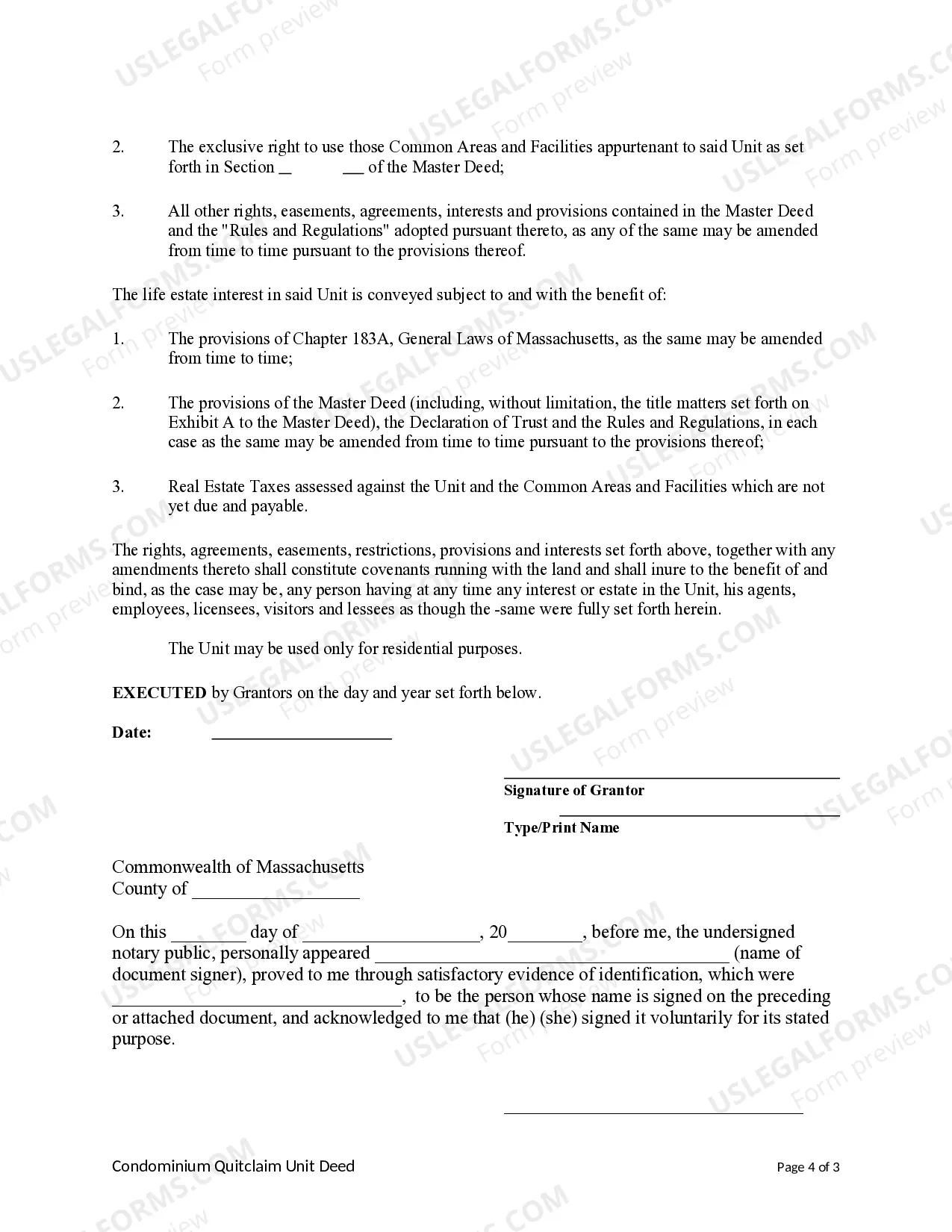 Preview Condominium Unit Quitclaim Deed - Life Estate from Husband and Wife, or Two Grantors, to an Individual with Remainder to Grantors.