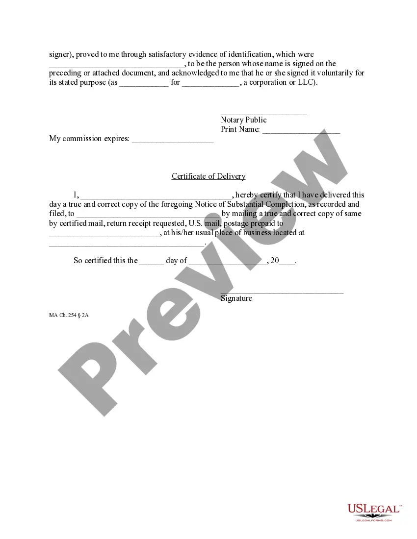 Preview Notice of Substantial Completion by Corporation or LLC