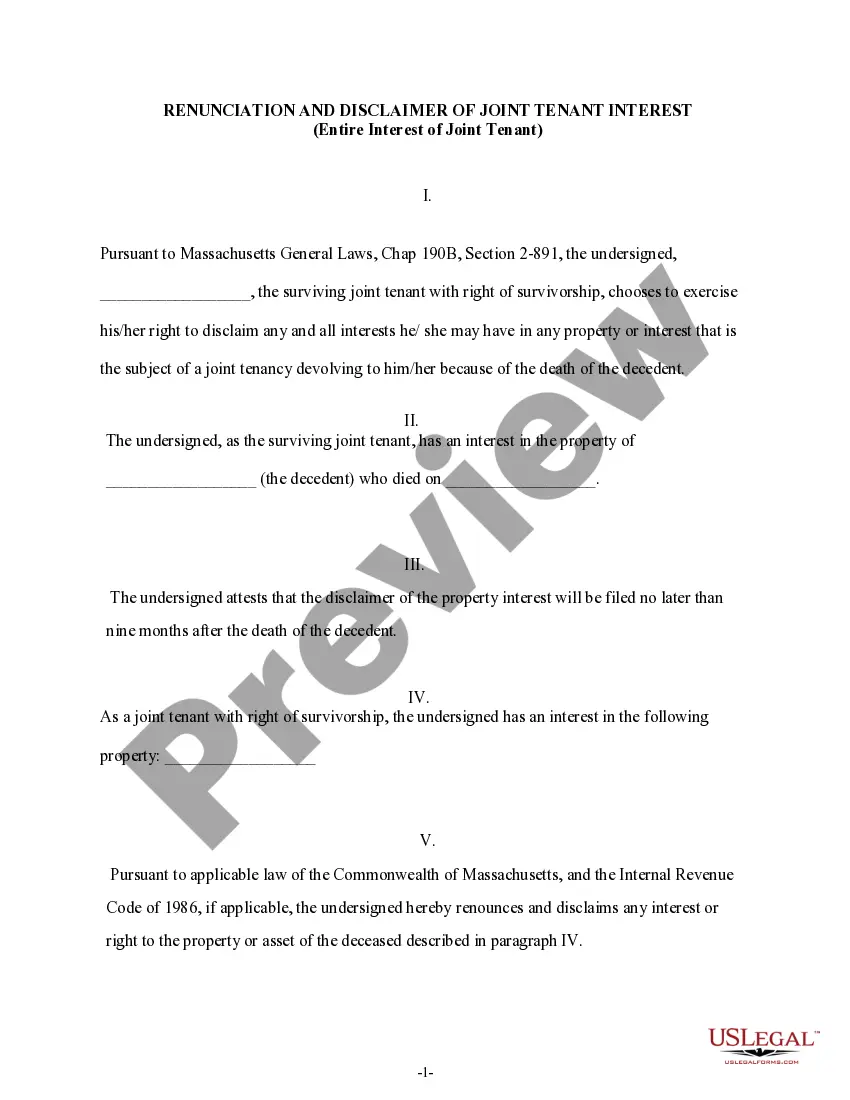 Preview Renunciation and Disclaimer of Joint Tenant or Tenancy Interest