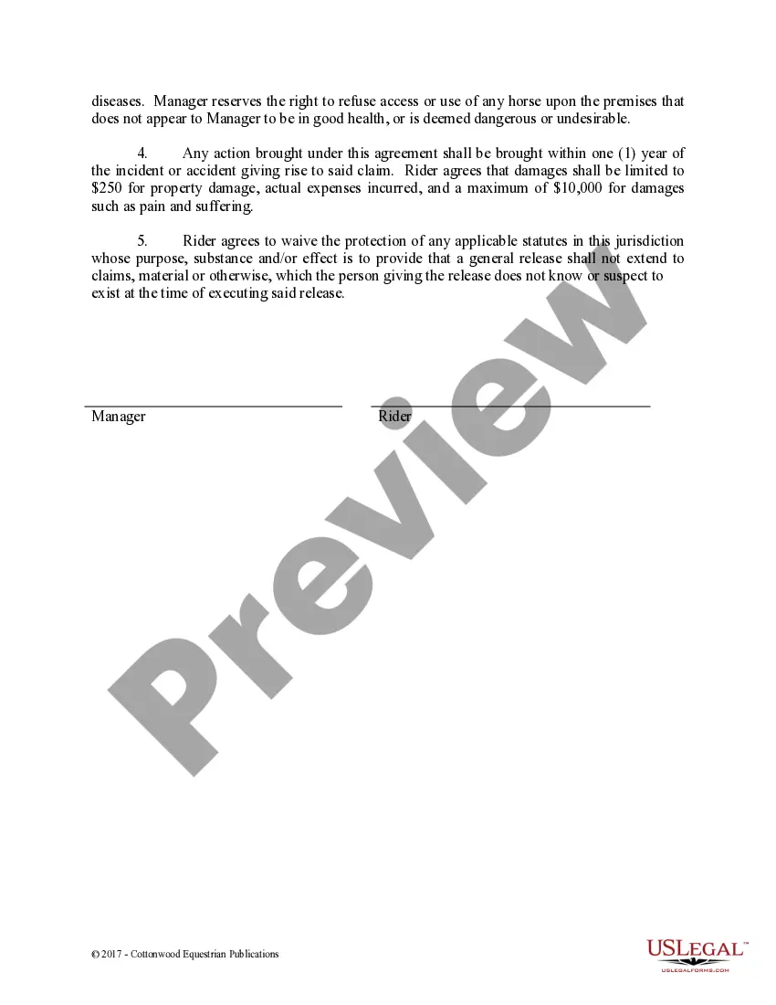 Preview Release of Liability Owner Rider - Horse Equine Forms