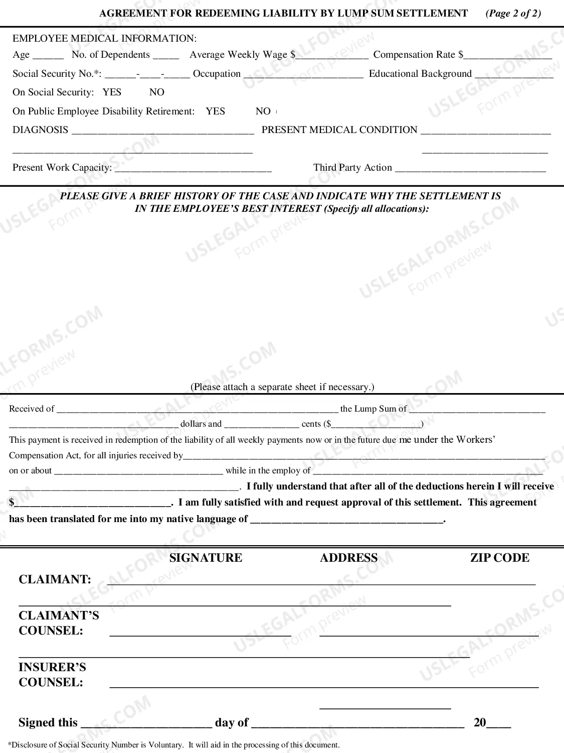 Preview Lump Sum Agreement for Workers' Compensation