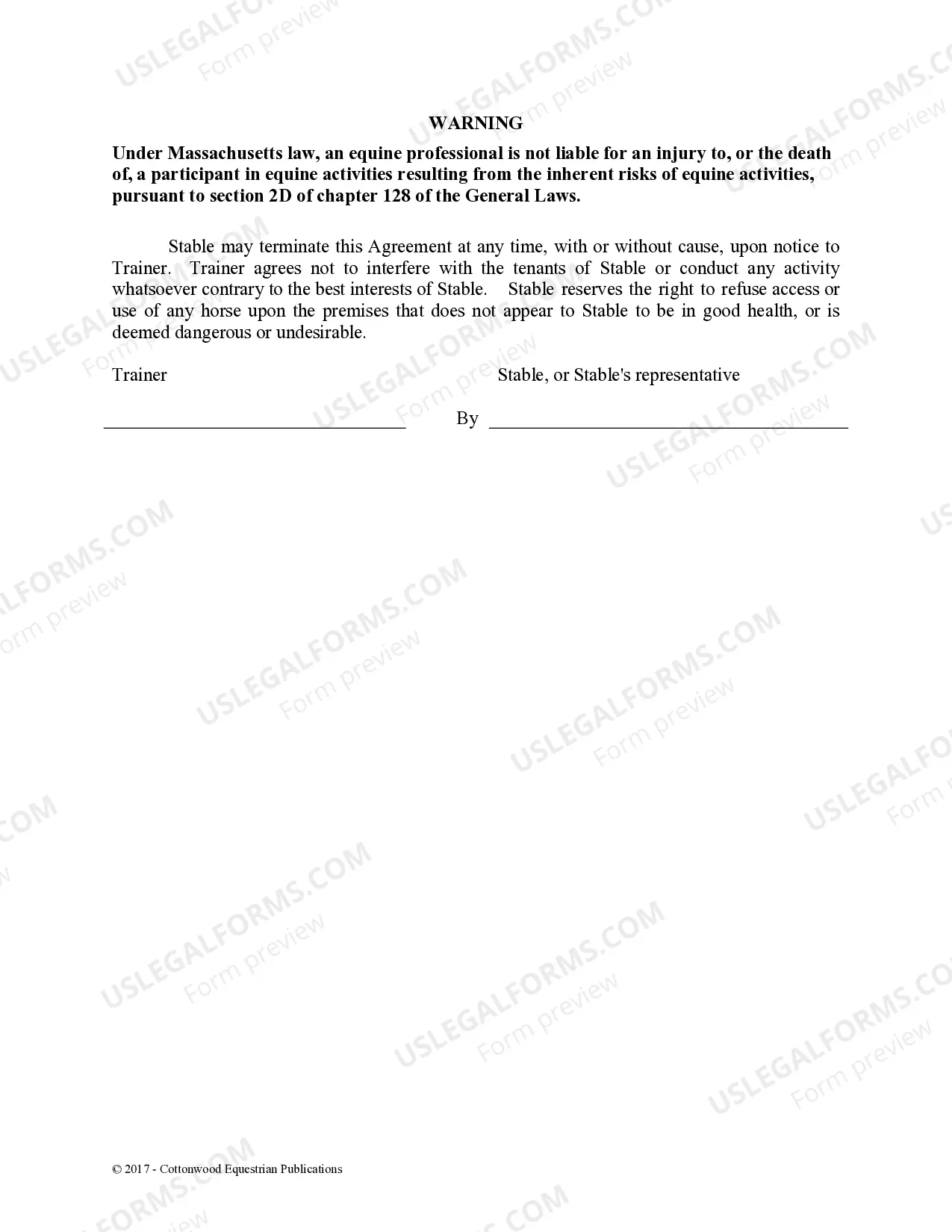 Preview Trainer's Facility Use Agreement - Horse Equine Forms