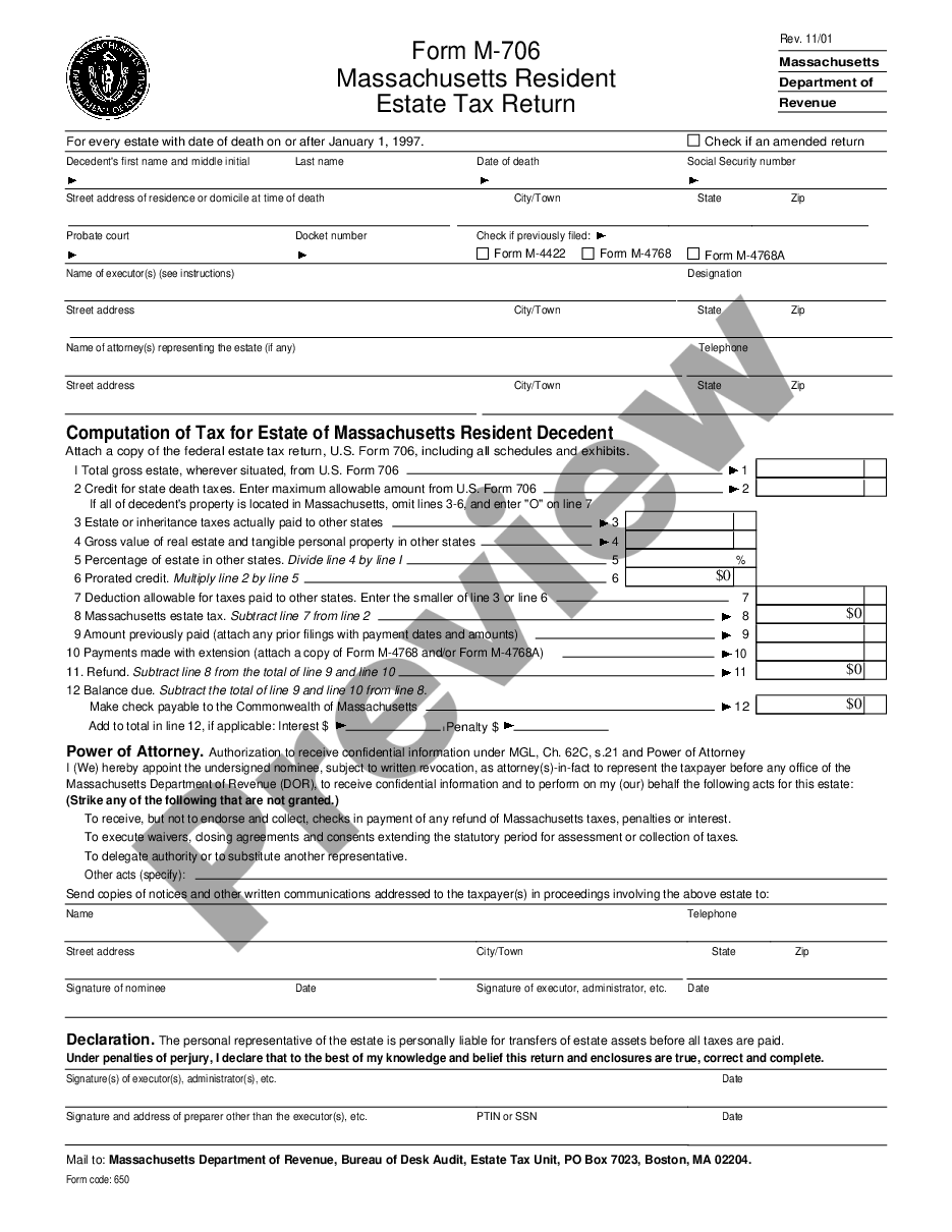 page 0 Resident Estate Tax Return - Form M-706 preview