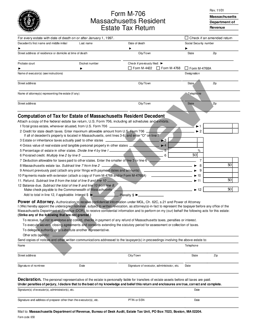 Massachusetts Resident Estate Tax Return Form M706 Ma Estate Tax