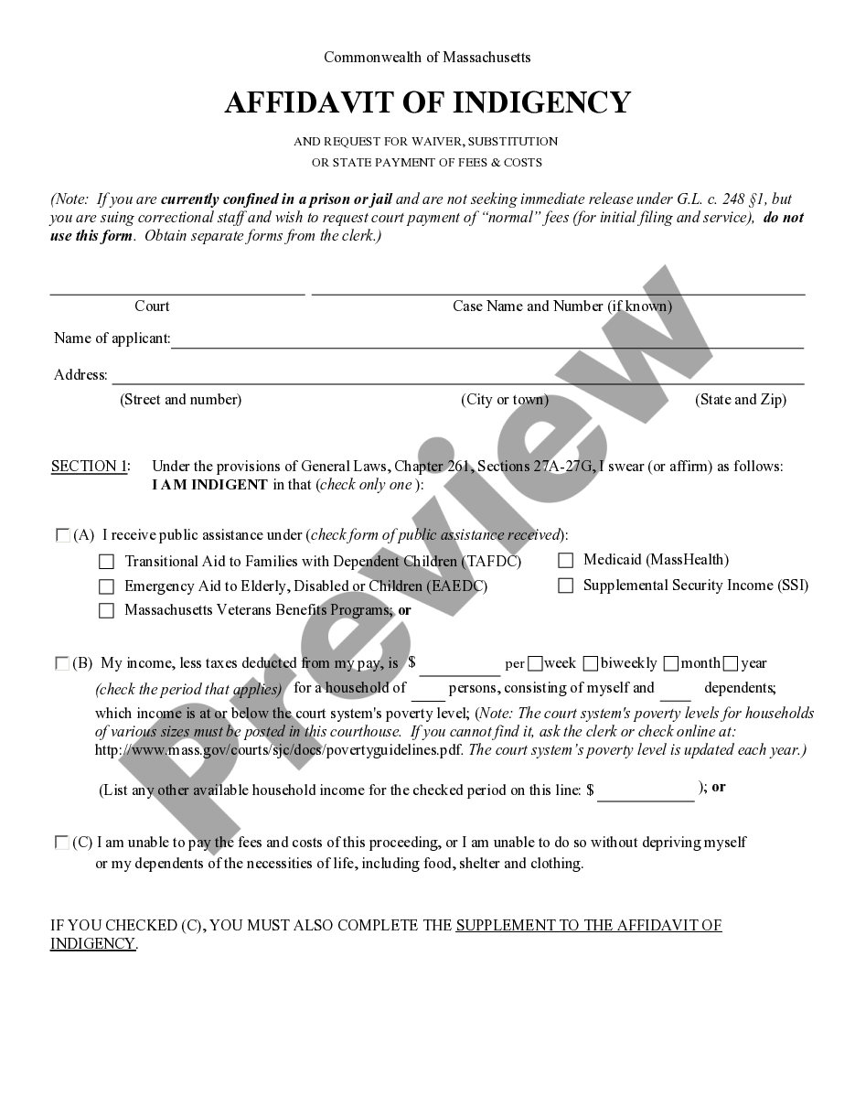 page 0 Affidavit of Indigency and Request For Waiver, Substitution or State Payment of Fees and Costs - In Forma Pauperis preview