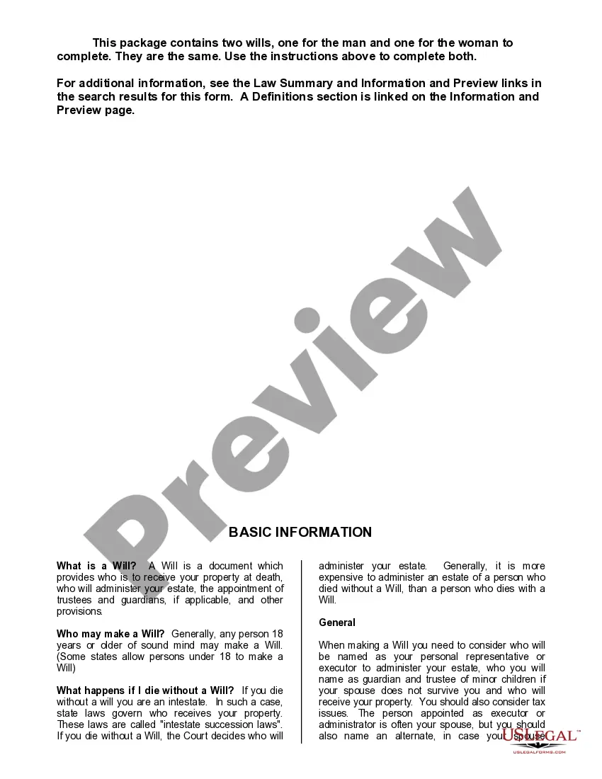 Get Mutual Wills containing Last Will and Testaments for Man and Woman living together not Married with No Children Preview Mutual Wills containing Last Will and Testaments for Man and Woman living together not Married with No Children