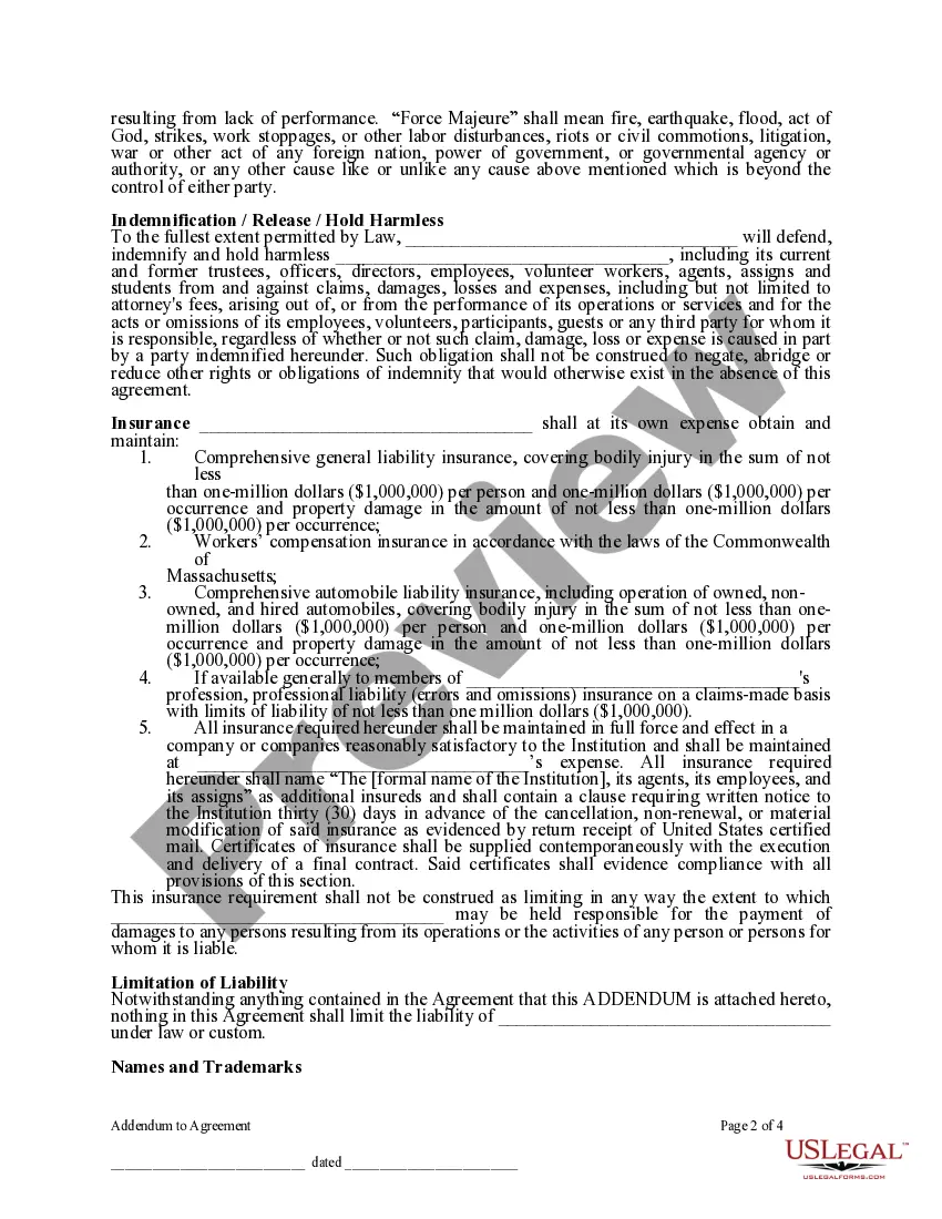 Preview Addendum for all Contracts or Agreements between Trustees of Institution and any Third-Party Vendor or Consultant - Massachusetts