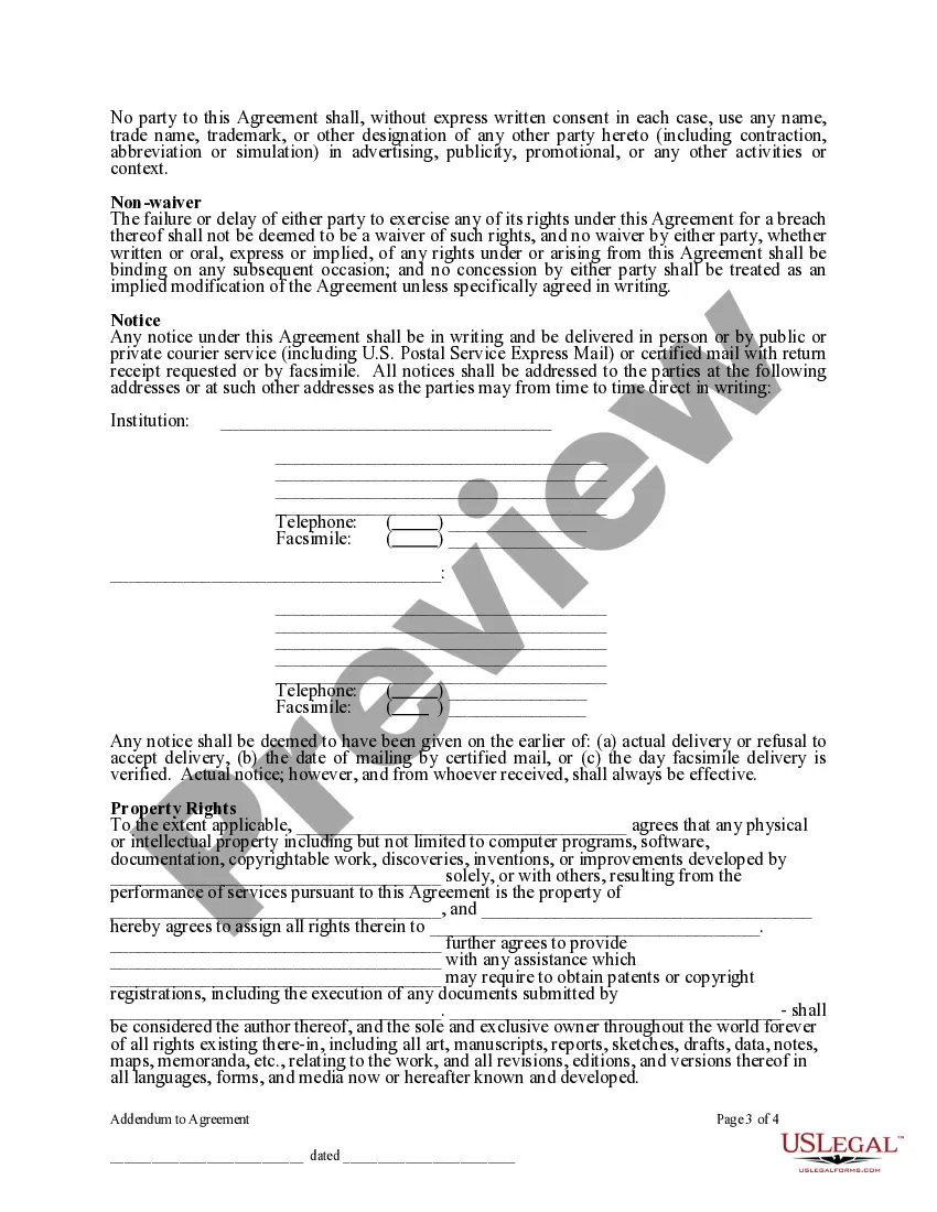 Preview Addendum for all Contracts or Agreements between Trustees of Institution and any Third-Party Vendor or Consultant - Massachusetts