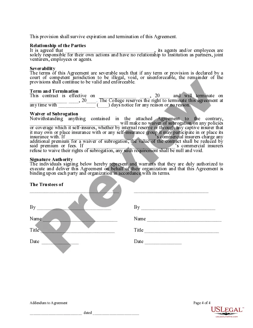 Preview Addendum for all Contracts or Agreements between Trustees of Institution and any Third-Party Vendor or Consultant - Massachusetts