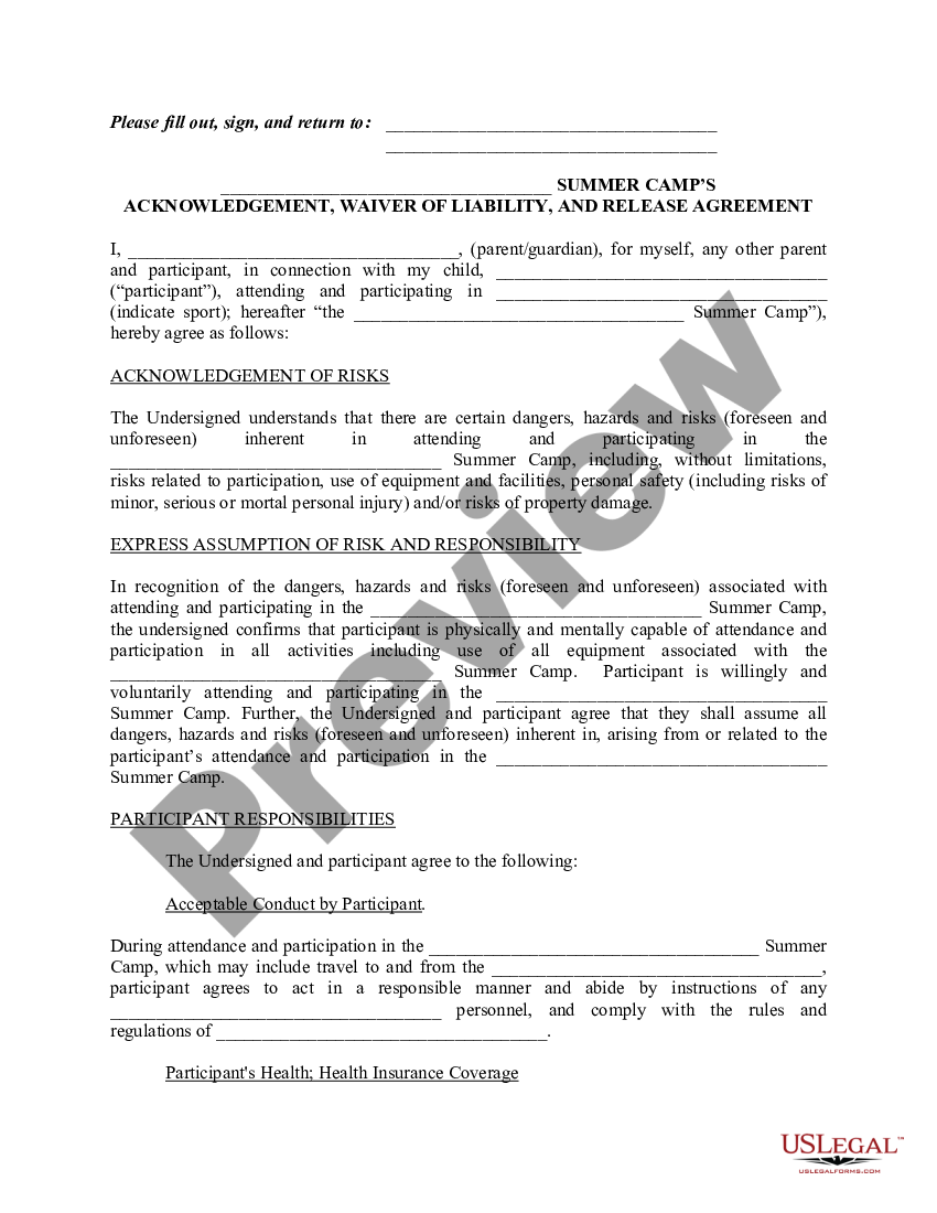 Waiver of Liability and Release Agreement for Summer Camps