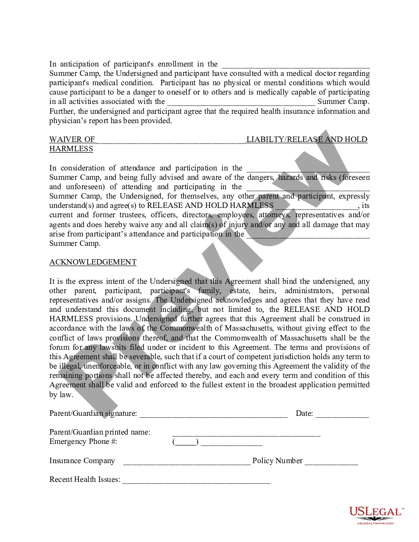 Waiver of Liability and Release Agreement for Summer Camps