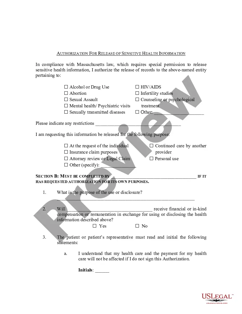 Preview Authorization for Release of Information for Personal Health Information (PHI)