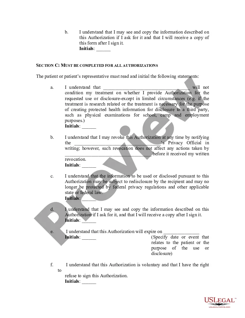 Preview Authorization for Release of Information for Personal Health Information (PHI)