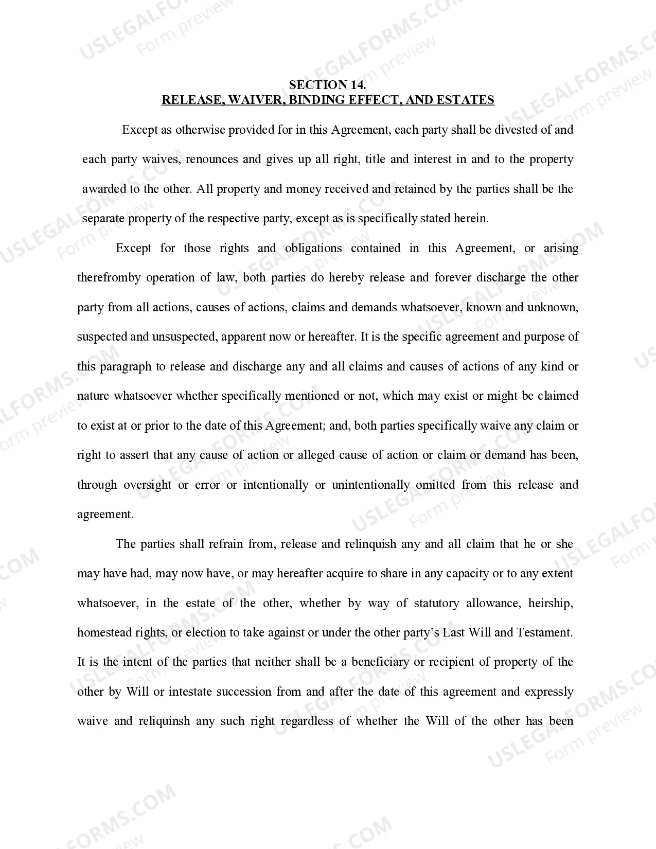 Preview Marital Domestic Separation and Property Settlement Agreement no children