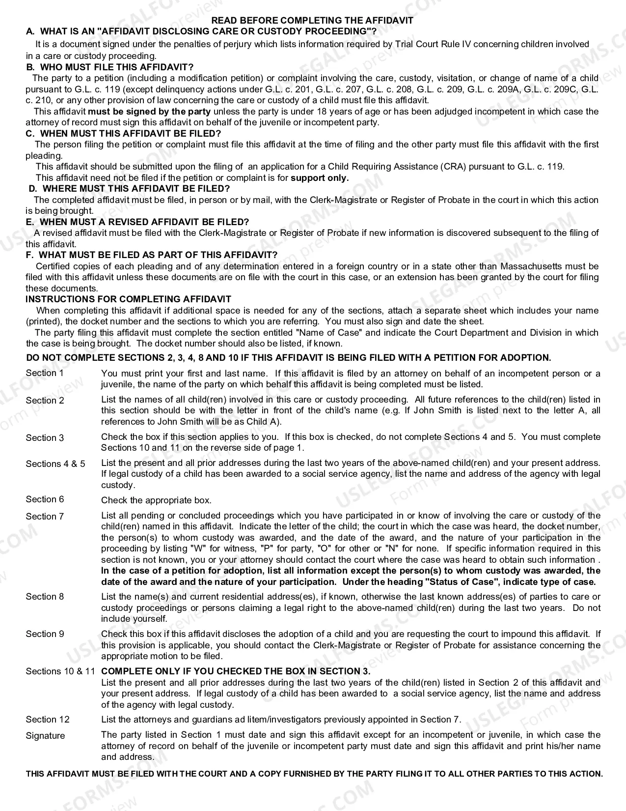 Preview Child Care or Custody Disclosure Affidavit