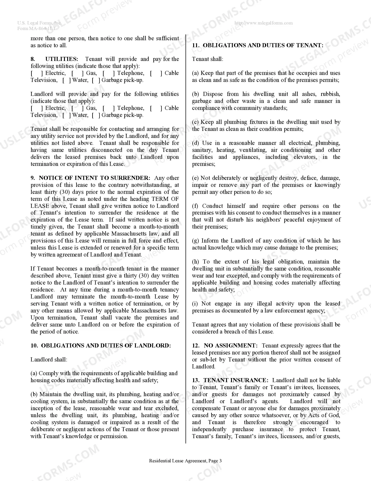 Preview Residential Lease or Rental Agreement for Month to Month