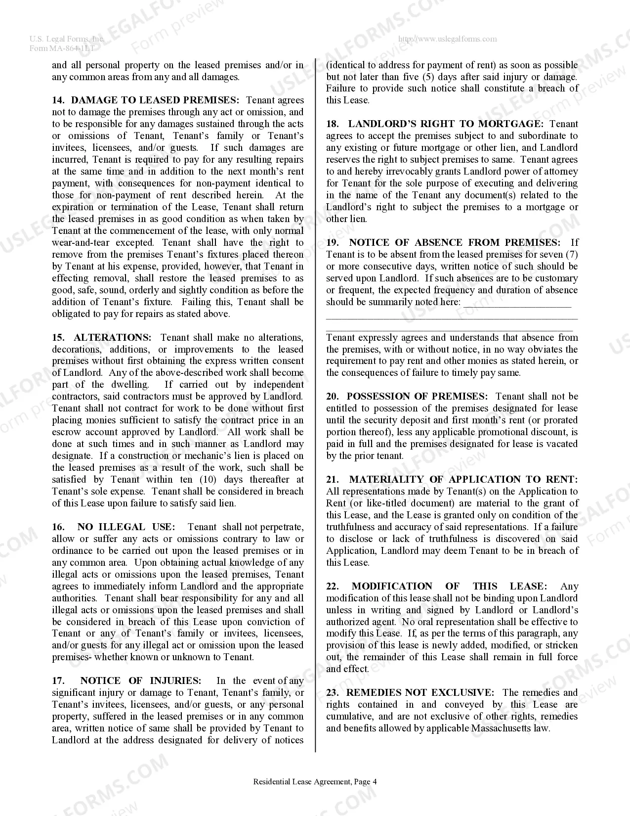 Preview Residential Lease or Rental Agreement for Month to Month