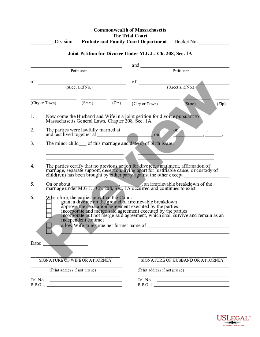 Massachusetts Joint Petition For Divorce Under G.L. C.208 - Joint ...