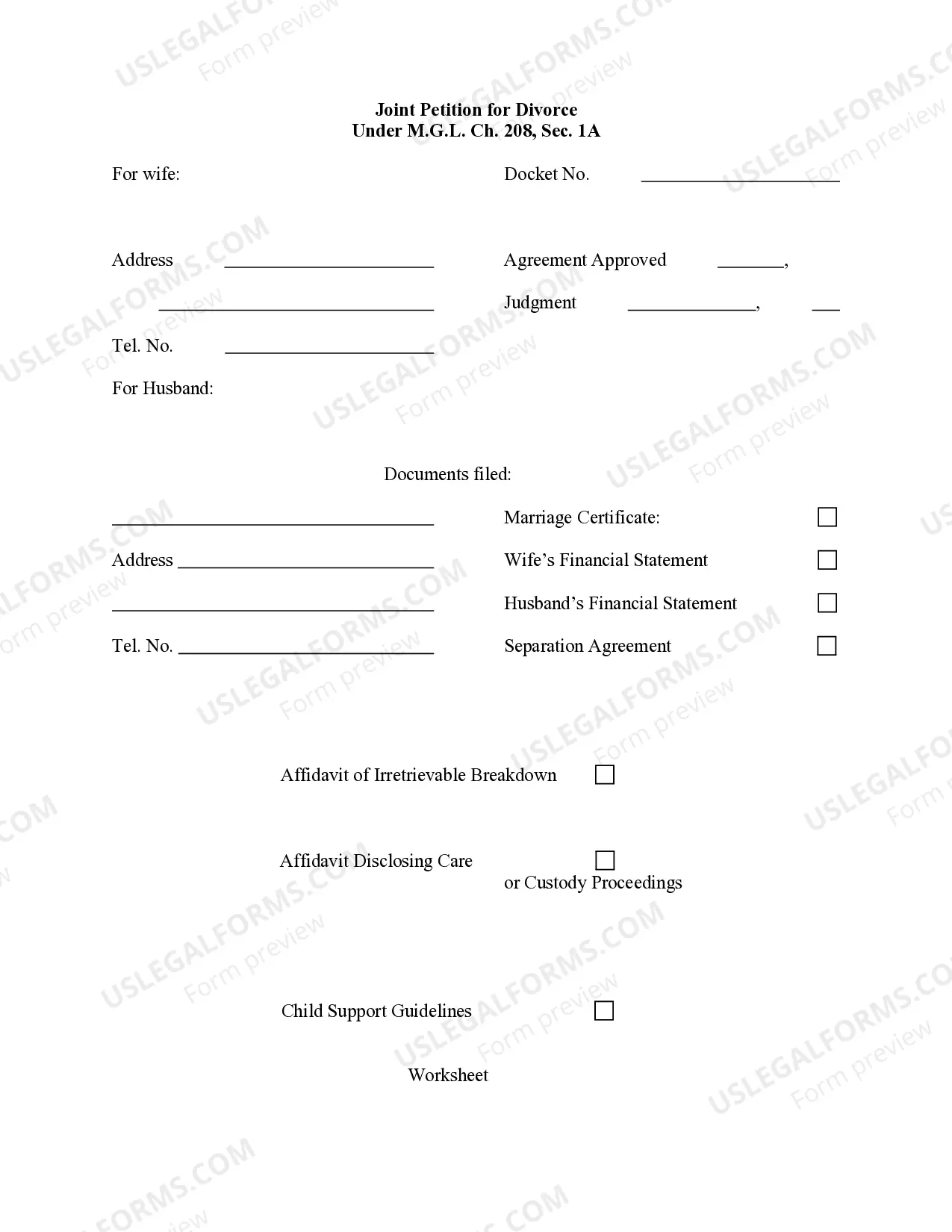 Preview Joint Petition for Divorce under G.L. c.208, Section 1A