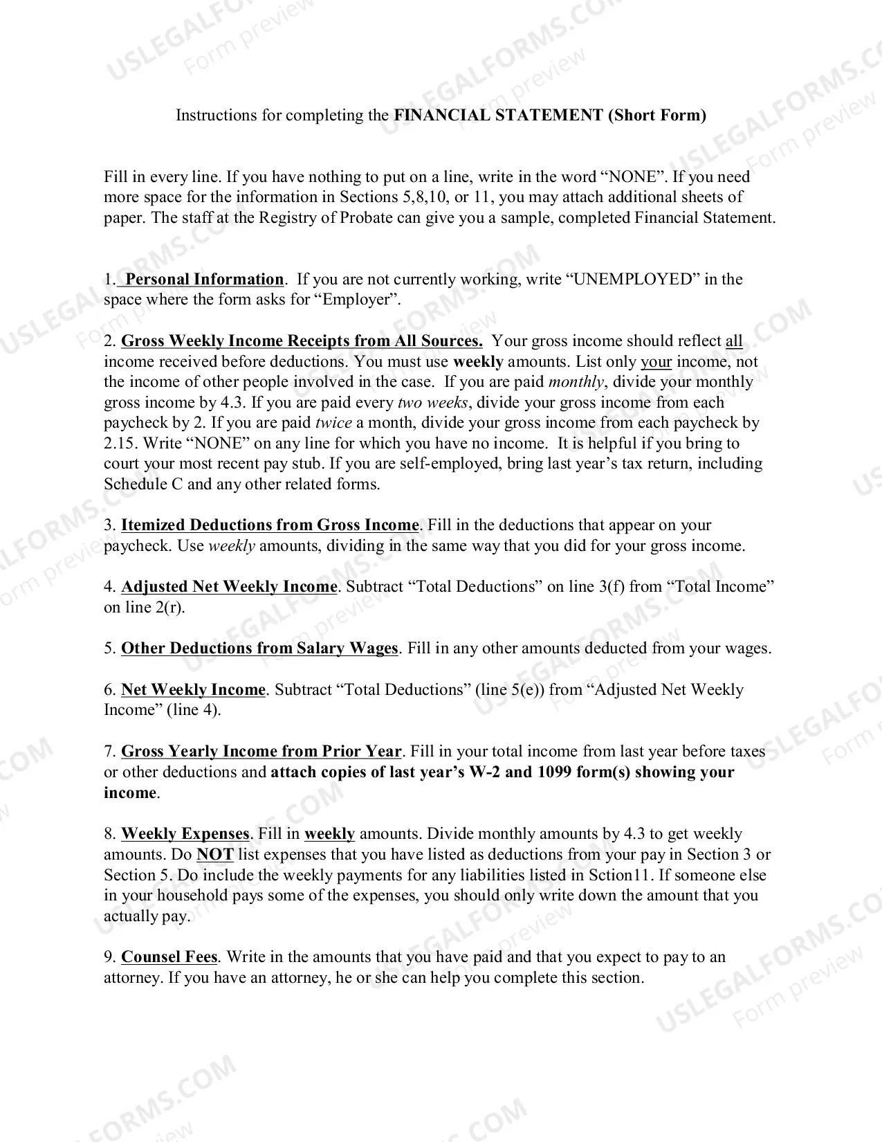 Preview Financial Statement Short Form Instructions