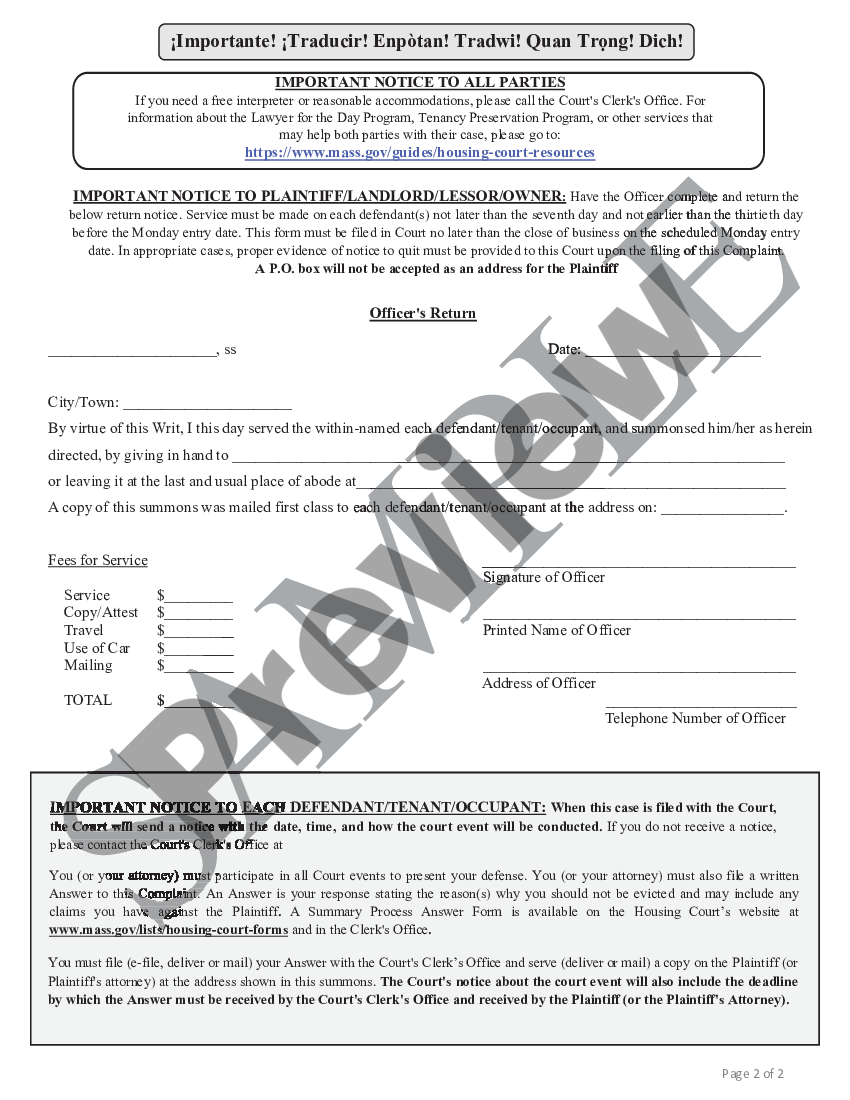 Boston Massachusetts Summary Process - Eviction - Summons and Complaint ...