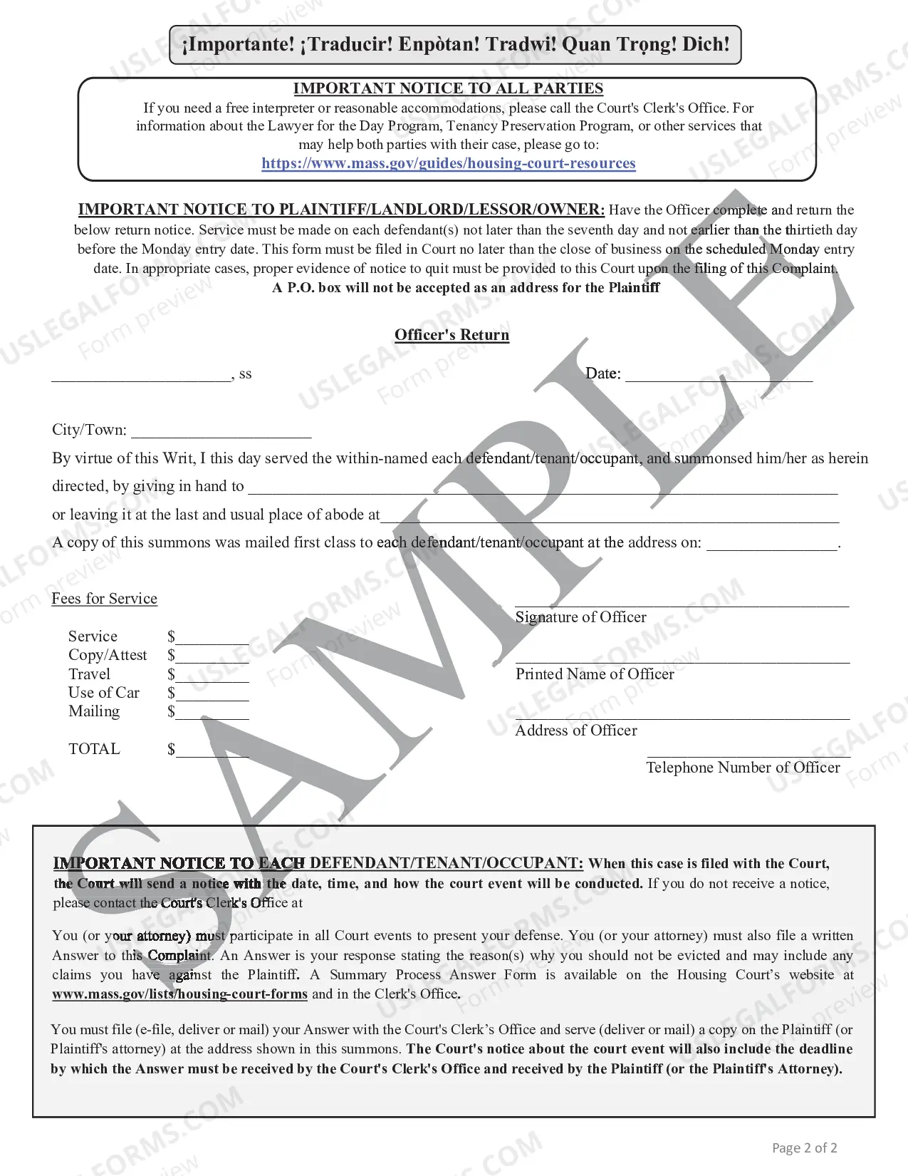 Preview Summary Process - Eviction - Summons and Complaint - Sample