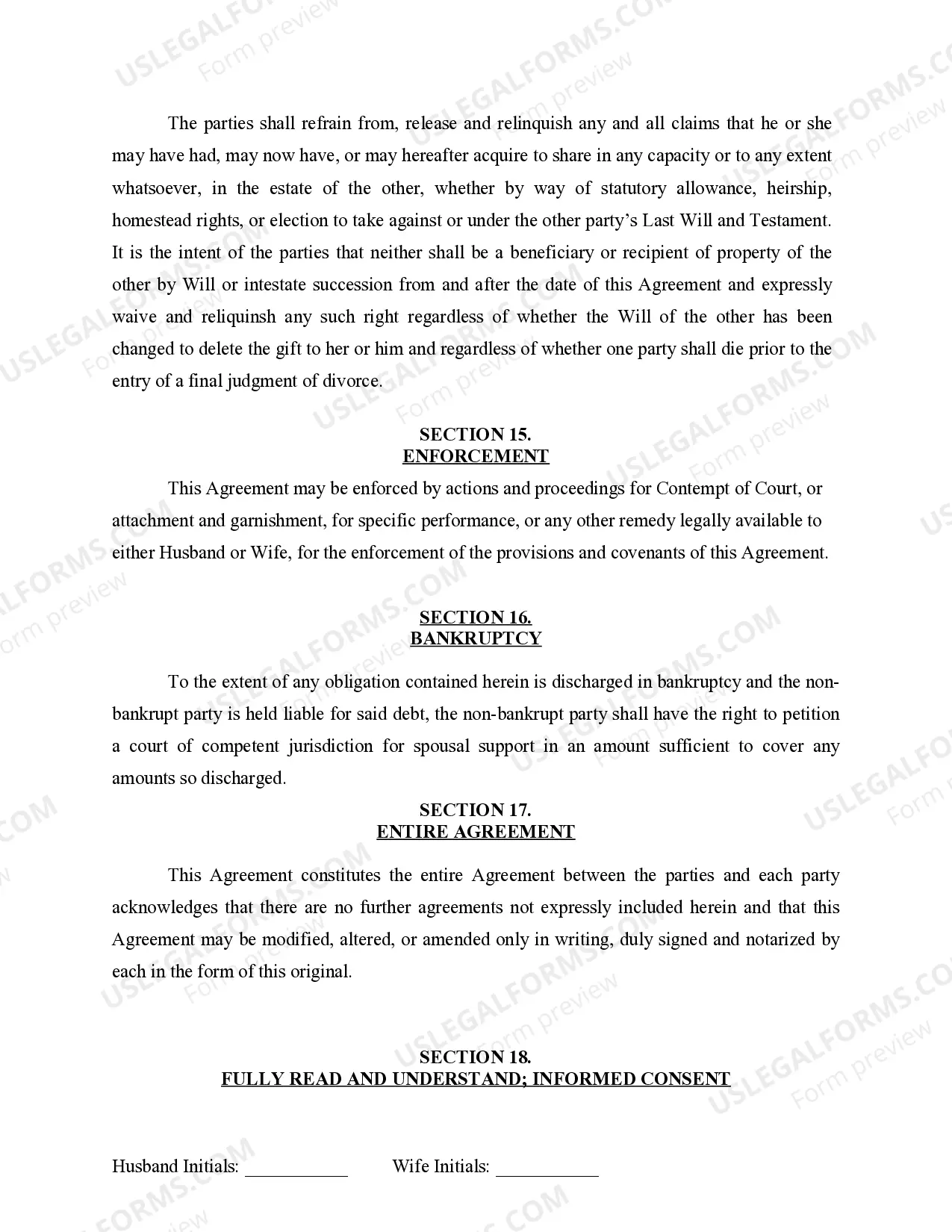 Preview Marital Domestic Separation and Property Settlement Agreement for persons with No Children, No Joint Property or Debts where Divorce Action Filed
