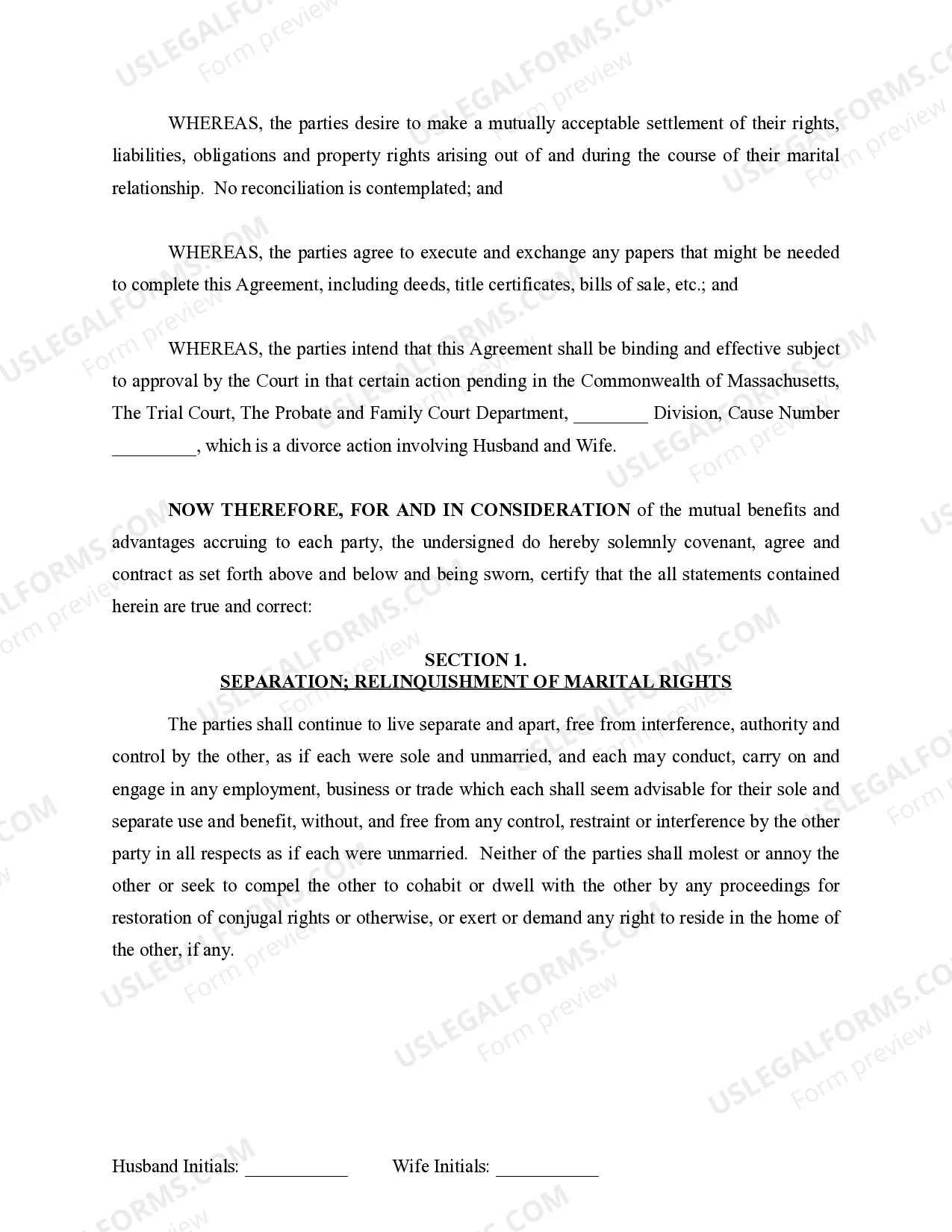 Preview Marital Domestic Separation and Property Settlement Agreement for persons with No Children, No Joint Property or Debts where Divorce Action Filed