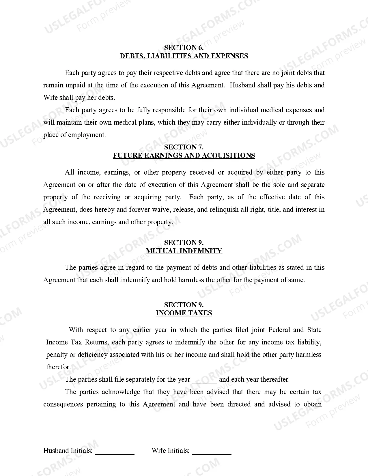 Preview Marital Domestic Separation and Property Settlement Agreement for persons with No Children, No Joint Property or Debts where Divorce Action Filed