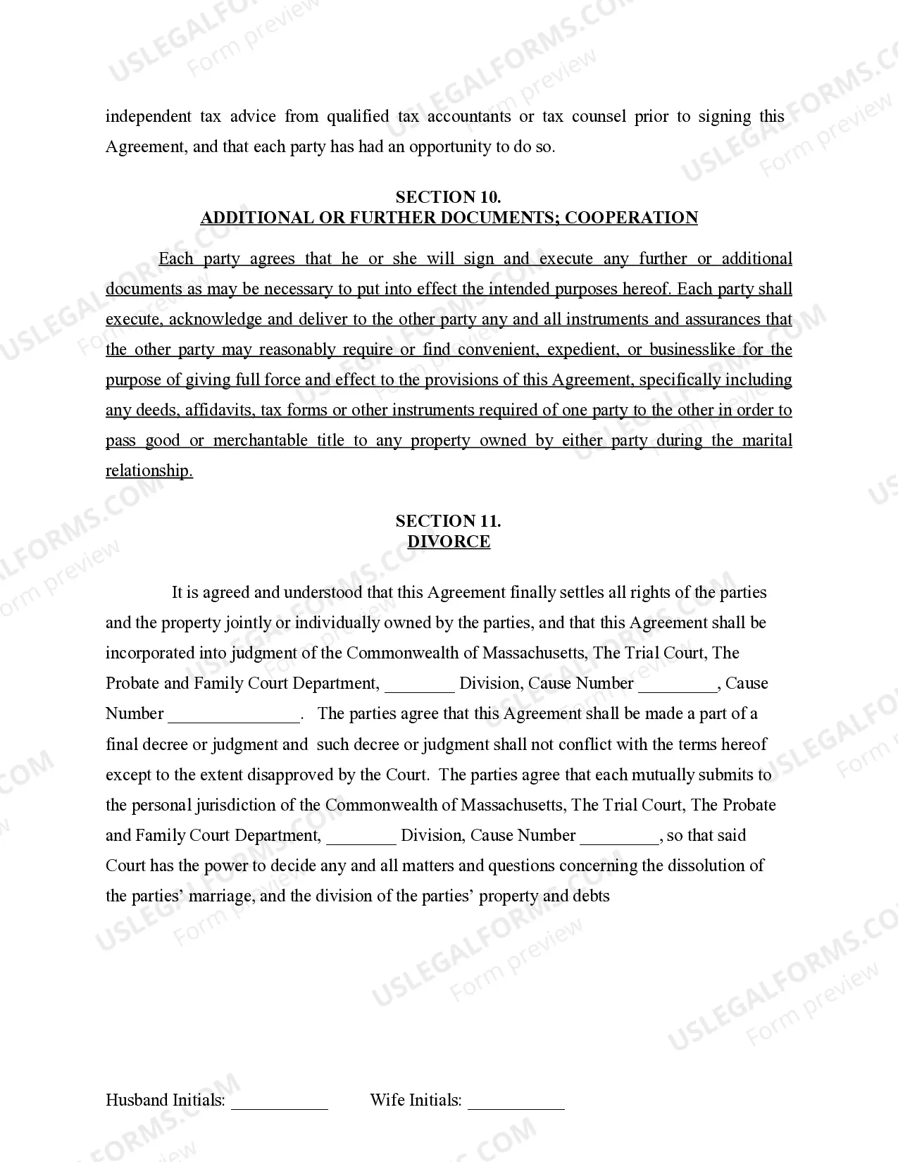 Preview Marital Domestic Separation and Property Settlement Agreement for persons with No Children, No Joint Property or Debts where Divorce Action Filed