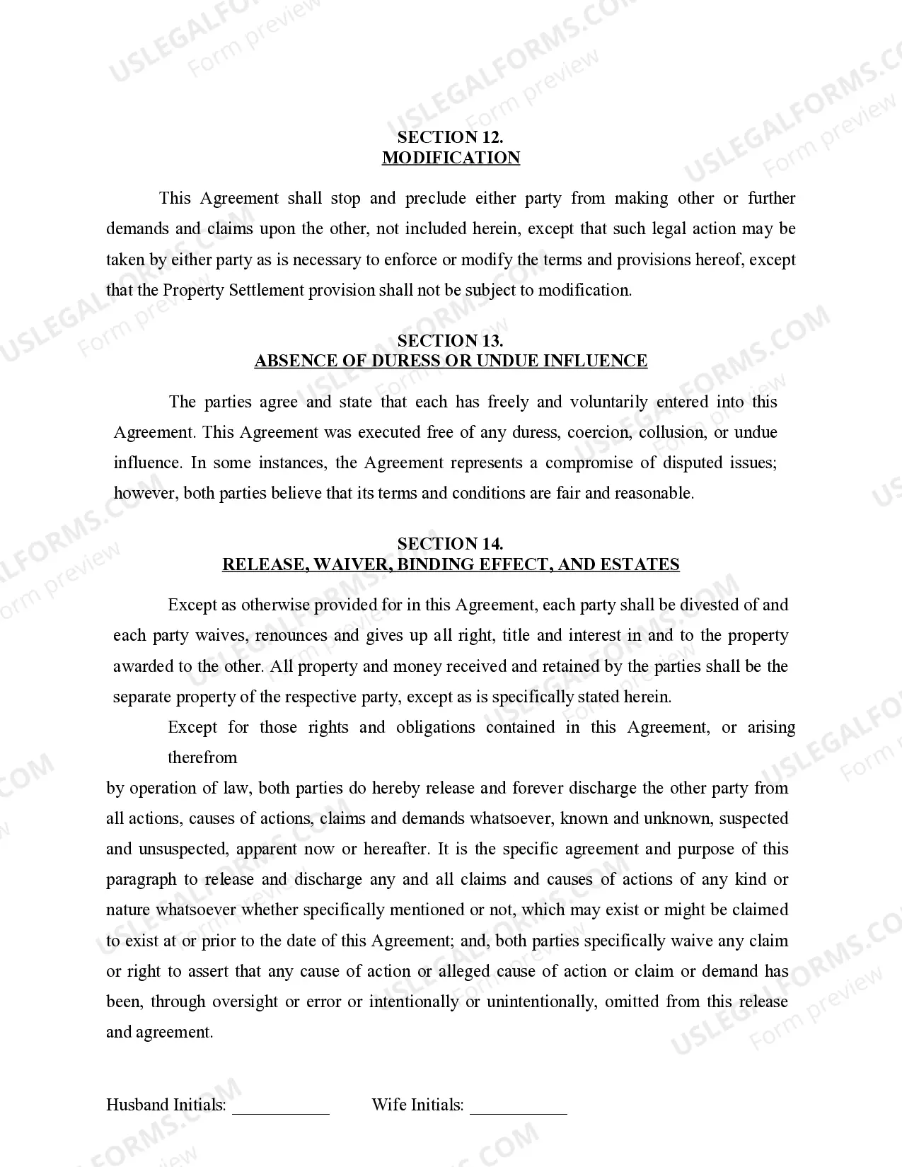 Preview Marital Domestic Separation and Property Settlement Agreement for persons with No Children, No Joint Property or Debts where Divorce Action Filed