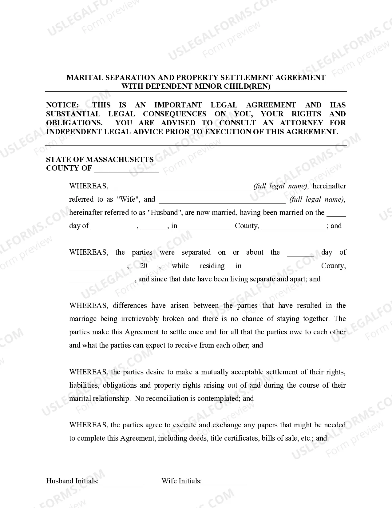 Preview Marital Domestic Separation and Property Settlement Agreement Minor Children no Joint Property or Debts effective Immediately