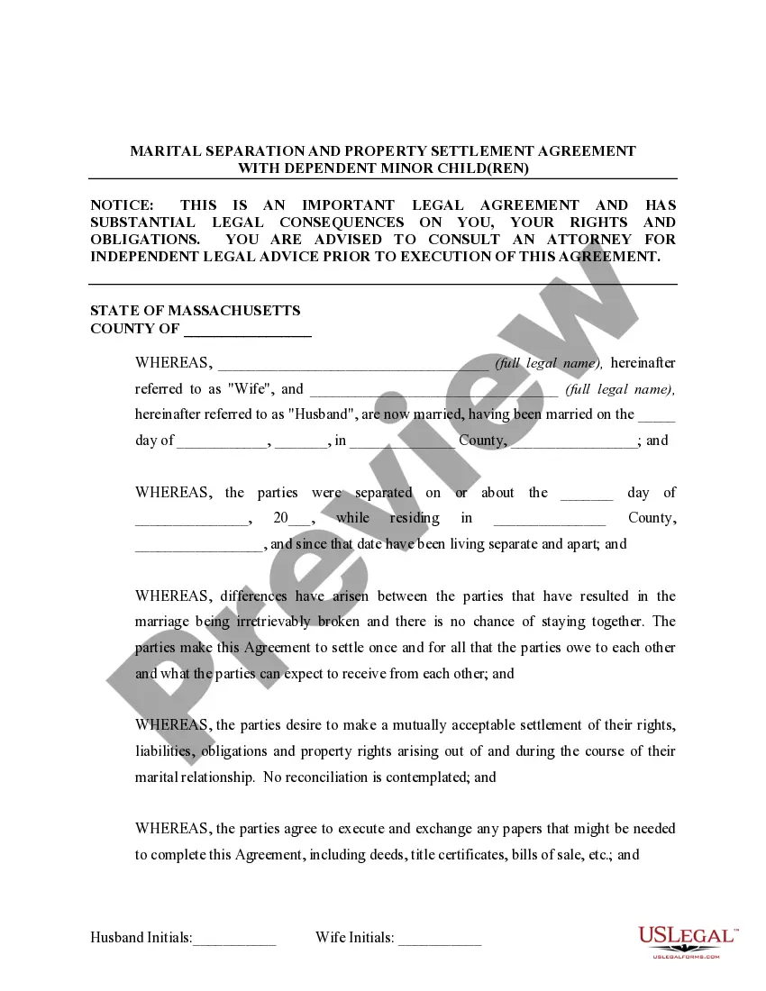 Preview Marital Domestic Separation and Property Settlement Agreement Minor Children Parties May have Joint Property or Debts effective Immediately