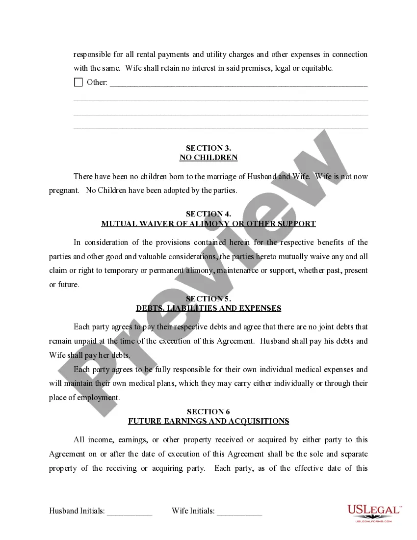 Preview Marital Domestic Separation and Property Settlement Agreement for persons with no Children, no Joint Property, or Debts Effective Immediately