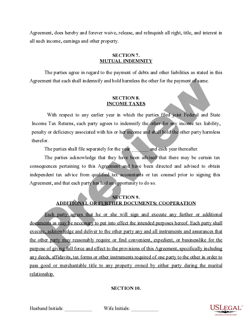 Preview Marital Domestic Separation and Property Settlement Agreement for persons with no Children, no Joint Property, or Debts Effective Immediately