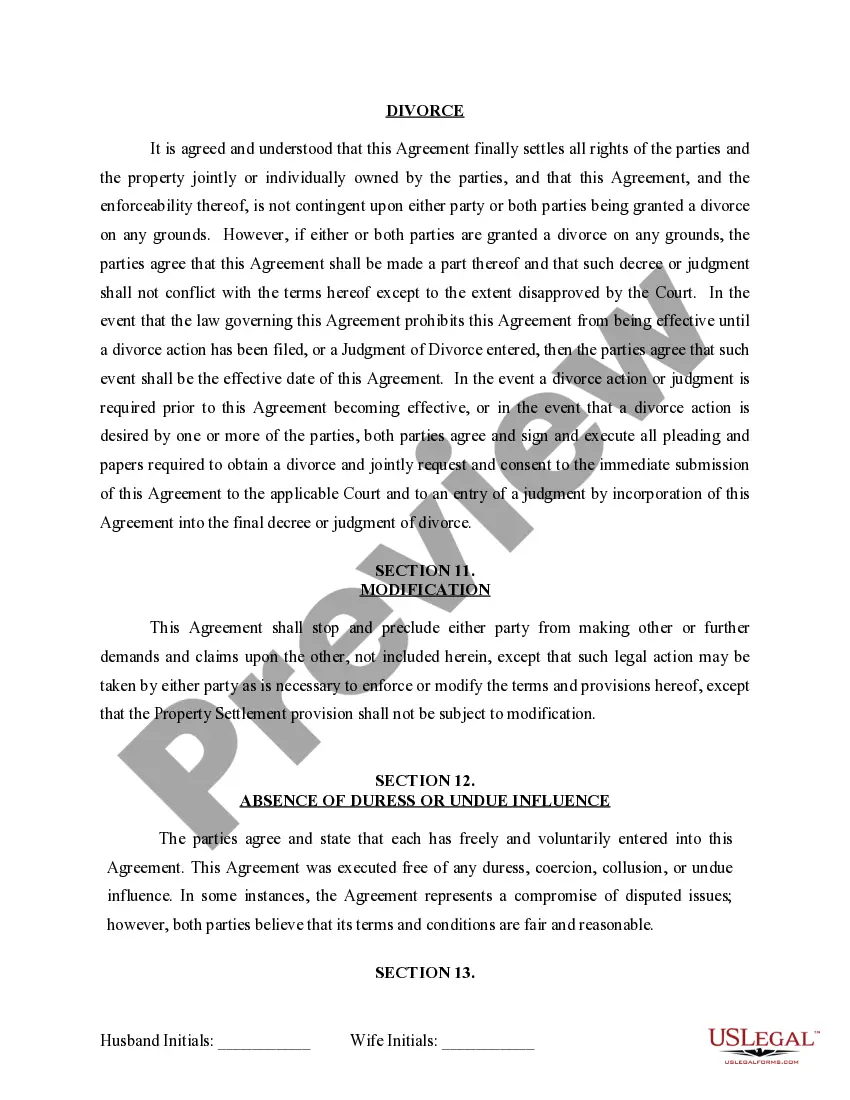 Preview Marital Domestic Separation and Property Settlement Agreement for persons with no Children, no Joint Property, or Debts Effective Immediately