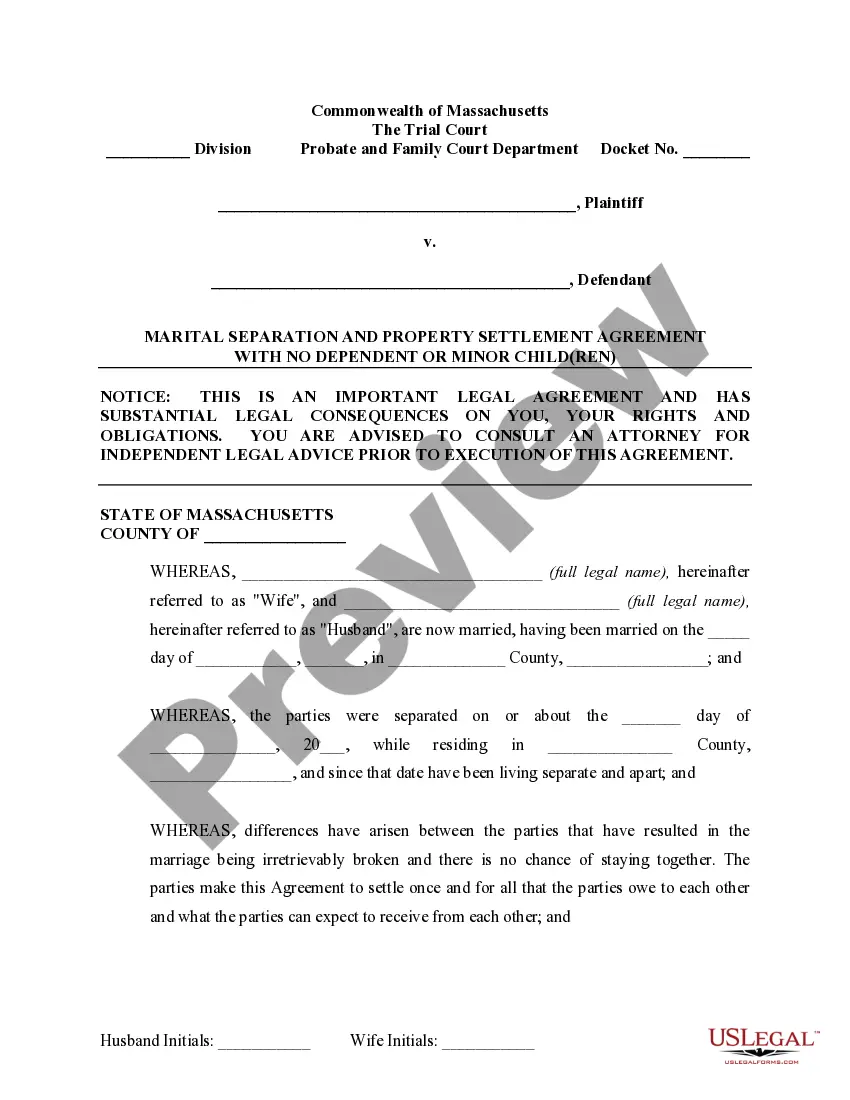 Preview Marital Domestic Separation and Property Settlement Agreement no Children parties may have Joint Property or Debts where Divorce Action Filed